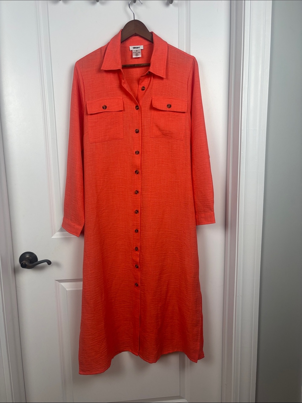 DKNY Orange Long-Sleeve Button-Front Shirt Dress